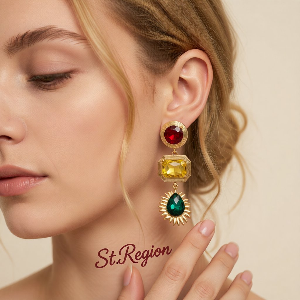 Yellow Crystal and 18K Gold-Plated Geometric Drop Earrings, gold drop earrings for women, botanical inspired, styled look