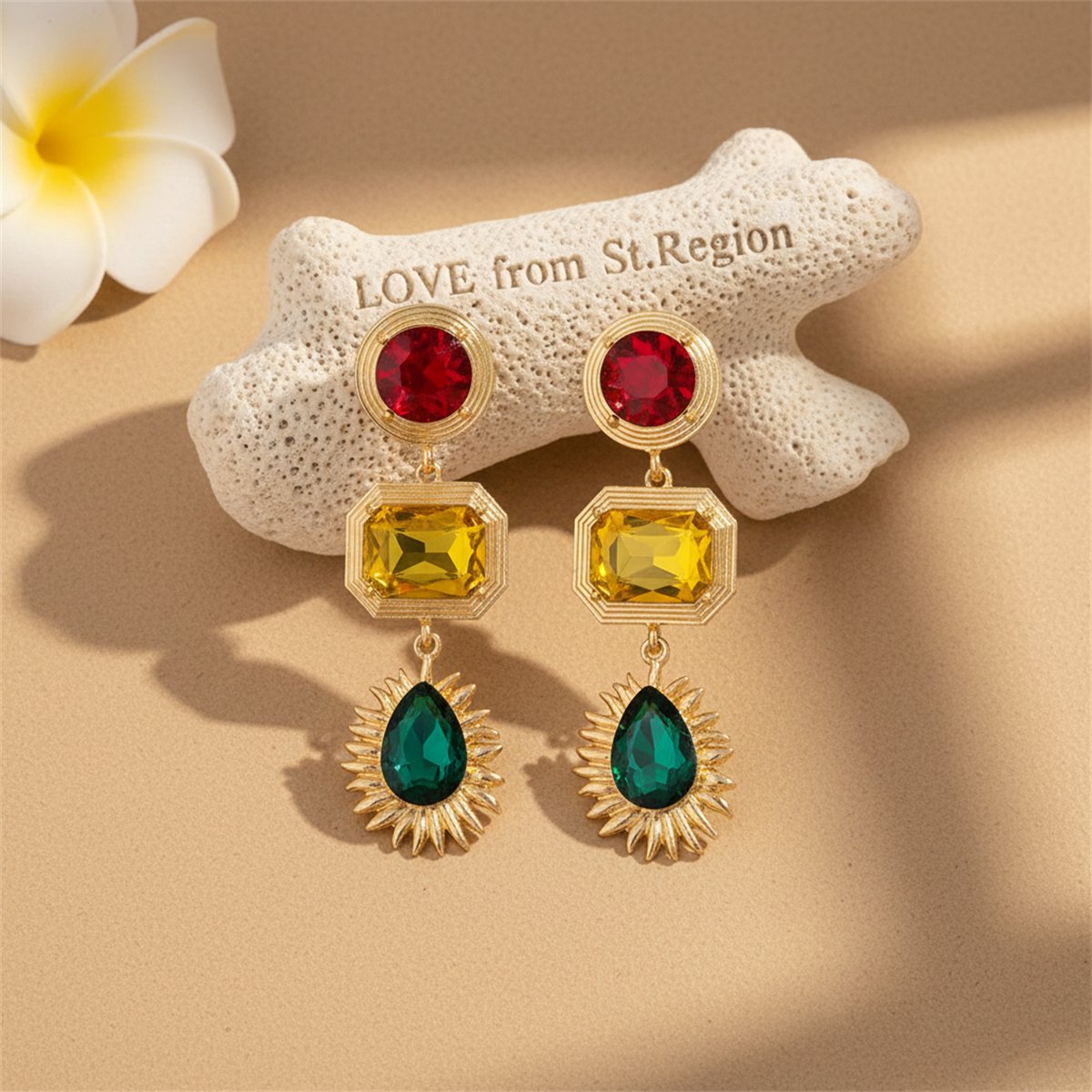 Yellow Crystal and 18K Gold-Plated Geometric Drop Earrings, gold drop earrings for women, botanical inspired, lifestyle look