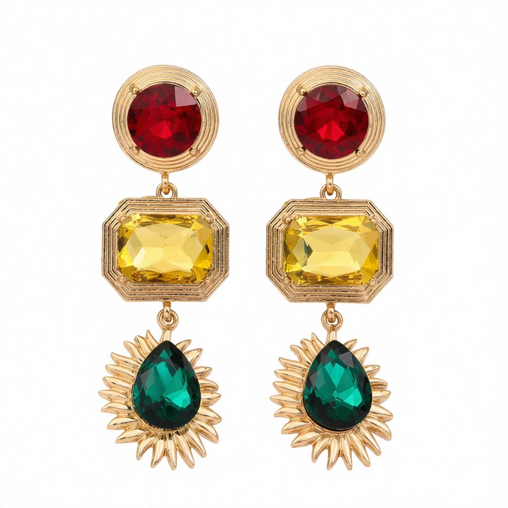 Yellow Crystal and 18K Gold-Plated Geometric Drop Earrings, gold drop earrings for women, botanical inspired, side view