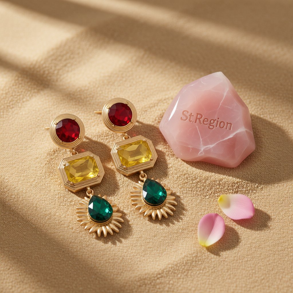 Yellow Crystal and 18K Gold-Plated Geometric Drop Earrings, gold drop earrings for women, botanical inspired, detail close-up