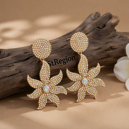 Cubic Zirconia and 18K Gold-Plated Round Flower Drop Earrings, gold drop earrings for women, everyday style, front view