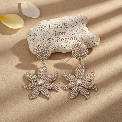 Cubic Zirconia and 18K Gold-Plated Round Flower Drop Earrings, gold drop earrings for women, lifestyle look