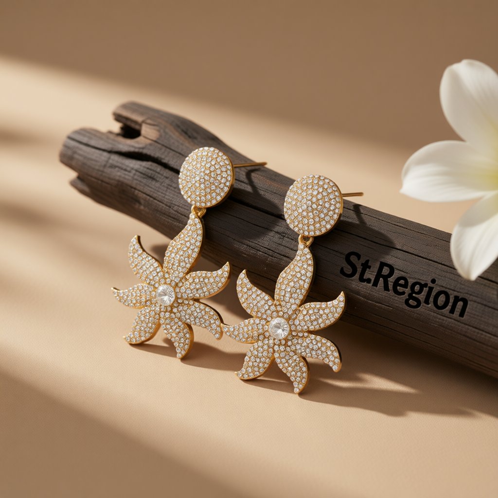 Cubic Zirconia 18K Gold-Plated Flower Drop Earrings, gold drop earrings for women, everyday style, front view