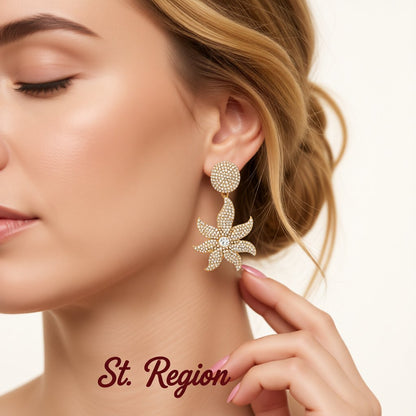 Cubic Zirconia 18K Gold-Plated Flower Drop Earrings, gold drop earrings for women, everyday style, styled look