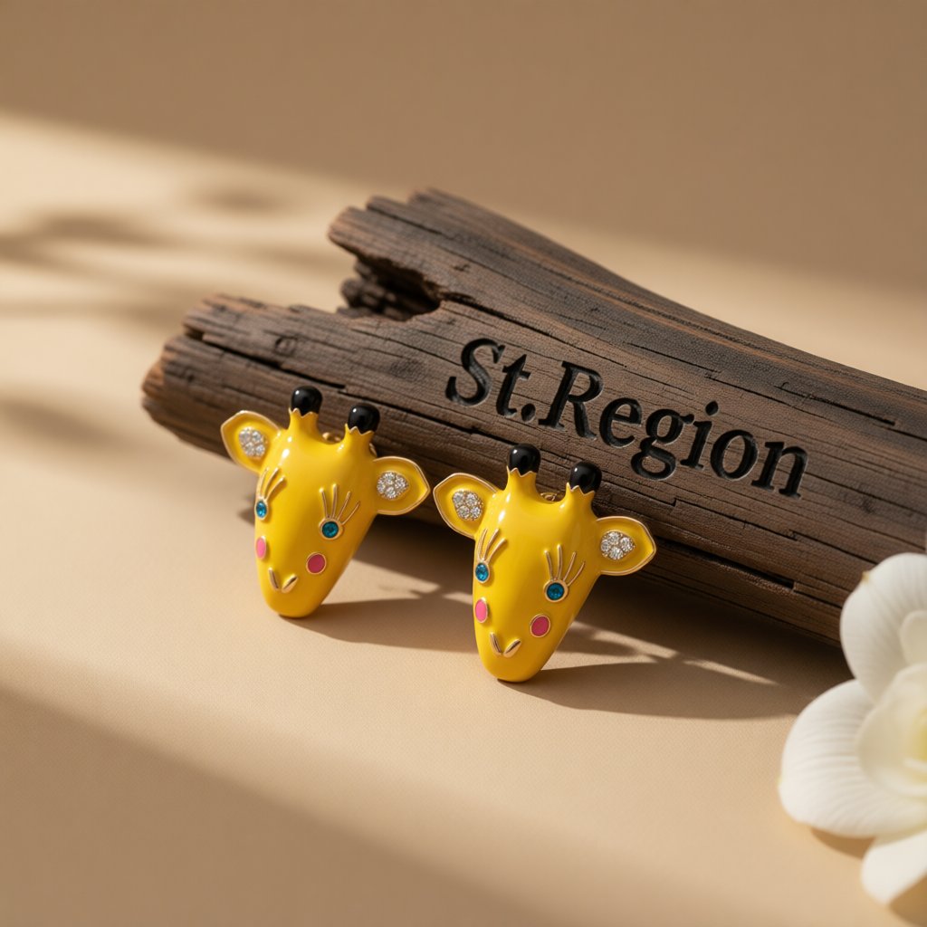 Yellow Enamel and Cubic Zirconia 18K Gold-Plated Giraffe Stud Earrings, gold stud earrings for women, front view