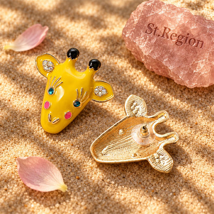 Yellow Enamel and Cubic Zirconia 18K Gold-Plated Giraffe Stud Earrings, gold stud earrings for women, detail close-up