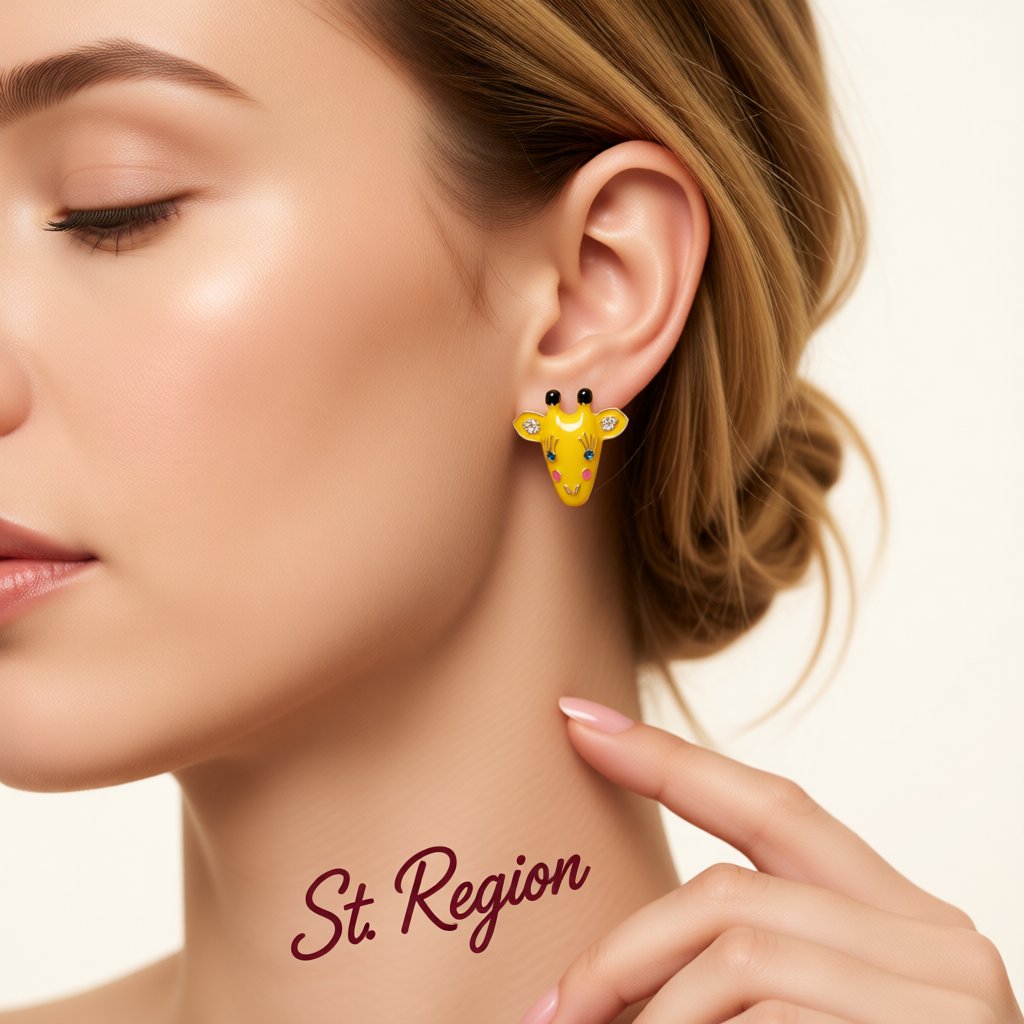 Yellow Enamel and Cubic Zirconia 18K Gold-Plated Giraffe Stud Earrings, gold stud earrings for women, styled look