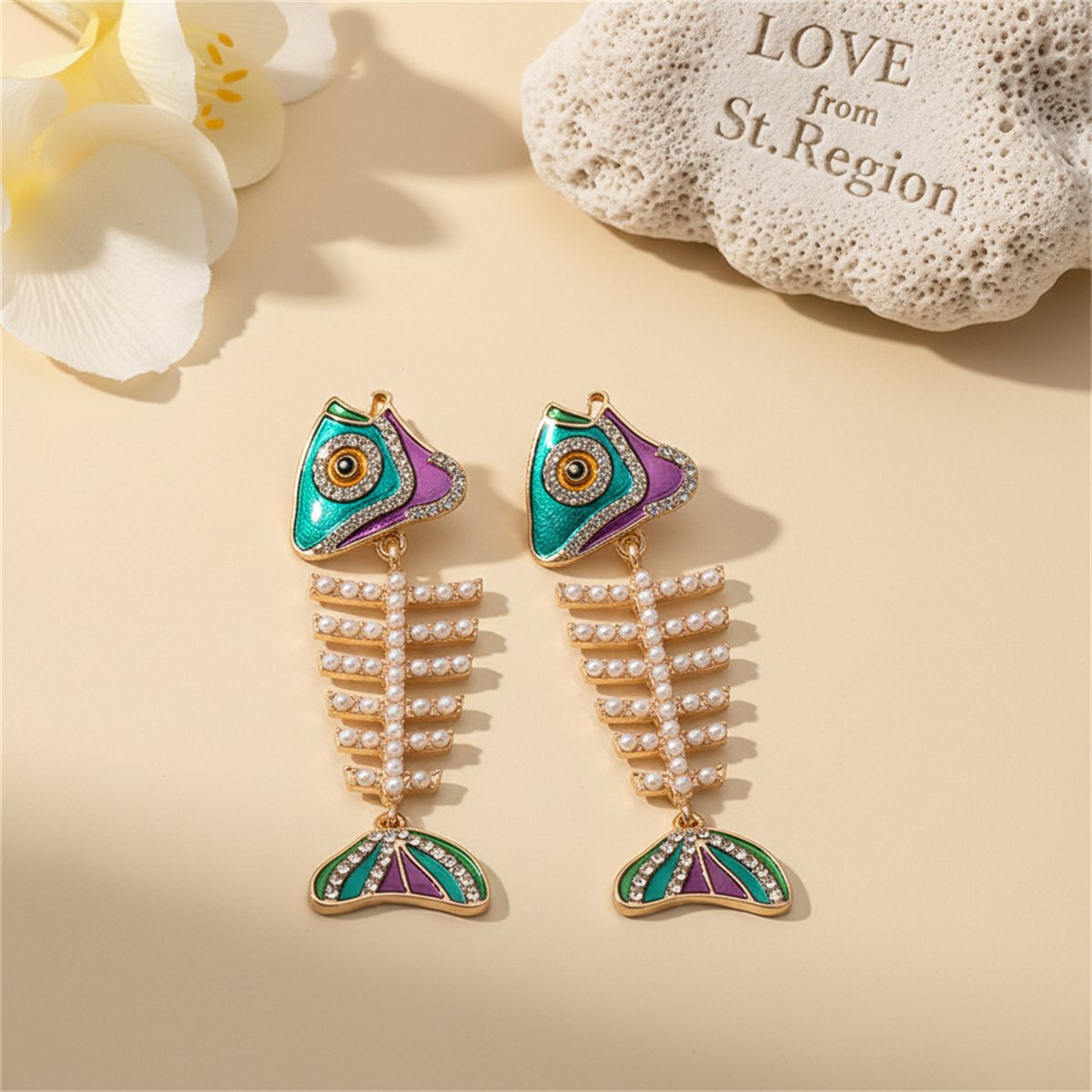 Pearl and Cubic Zirconia Enamel 18K Gold-Plated Fishbone Drop Earrings, gold drop earrings for women, lifestyle look