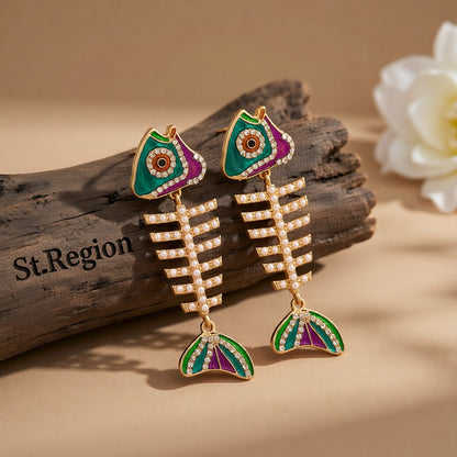 Pearl and Cubic Zirconia Enamel 18K Gold-Plated Fishbone Drop Earrings, gold drop earrings for women, front view