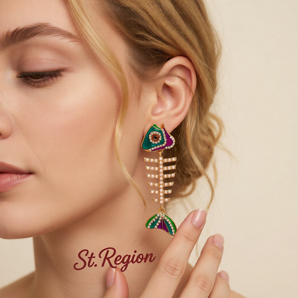 Pearl and Cubic Zirconia Enamel 18K Gold-Plated Fishbone Drop Earrings, gold drop earrings for women, styled look