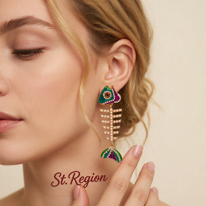 Pearl and Cubic Zirconia Enamel 18K Gold-Plated Fishbone Drop Earrings, gold drop earrings for women, styled look