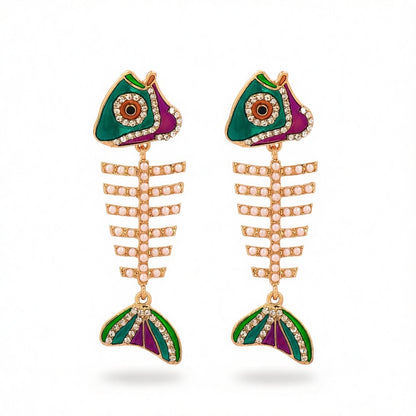 Pearl and Cubic Zirconia Enamel 18K Gold-Plated Fishbone Drop Earrings, gold drop earrings for women, side view