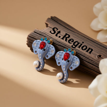 Purple Enamel and Crystal Pearl 18K Gold-Plated Elephant Stud Earrings, cubic zirconia stud earrings for women, front view