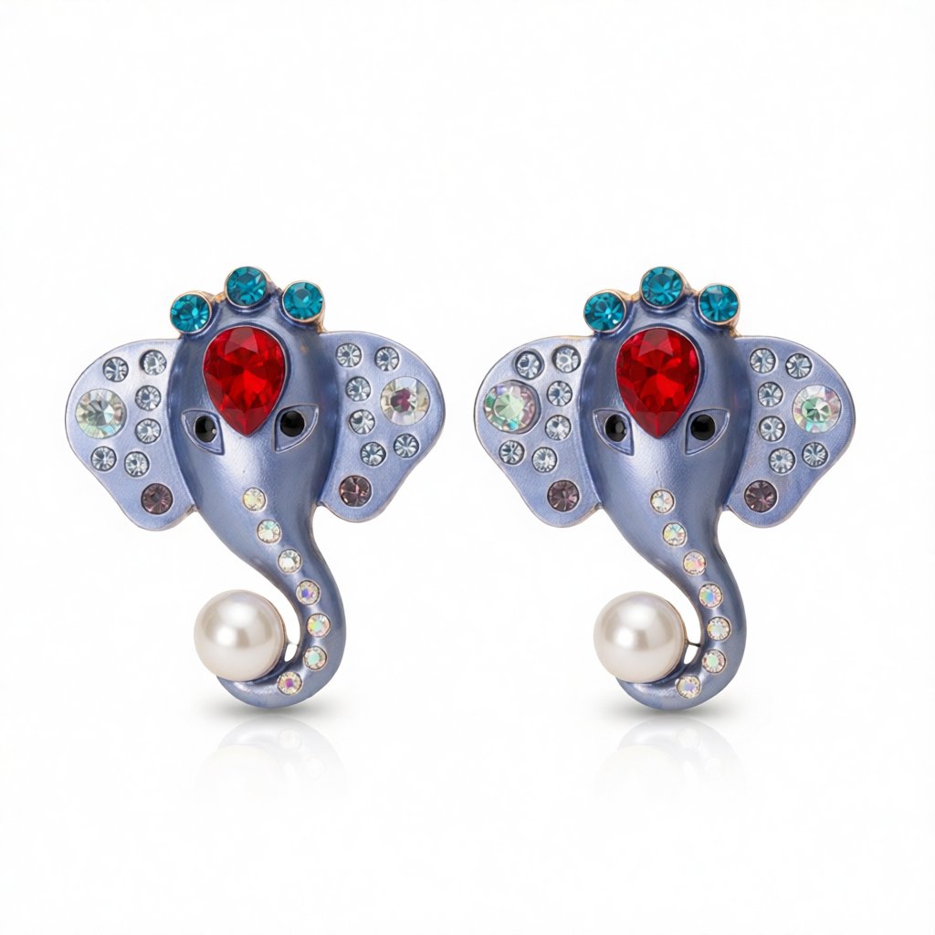 Purple Enamel and Crystal Pearl 18K Gold-Plated Elephant Stud Earrings, cubic zirconia stud earrings for women, side view