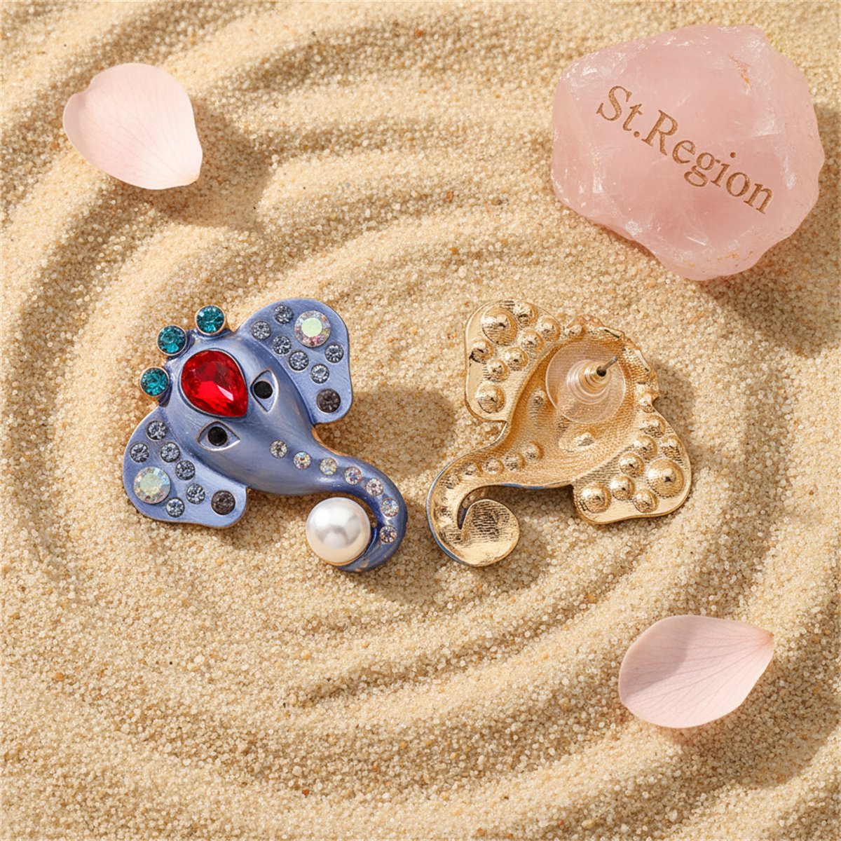 Purple Enamel and Crystal Pearl 18K Gold-Plated Elephant Stud Earrings, gold stud earrings for women, detail close-up