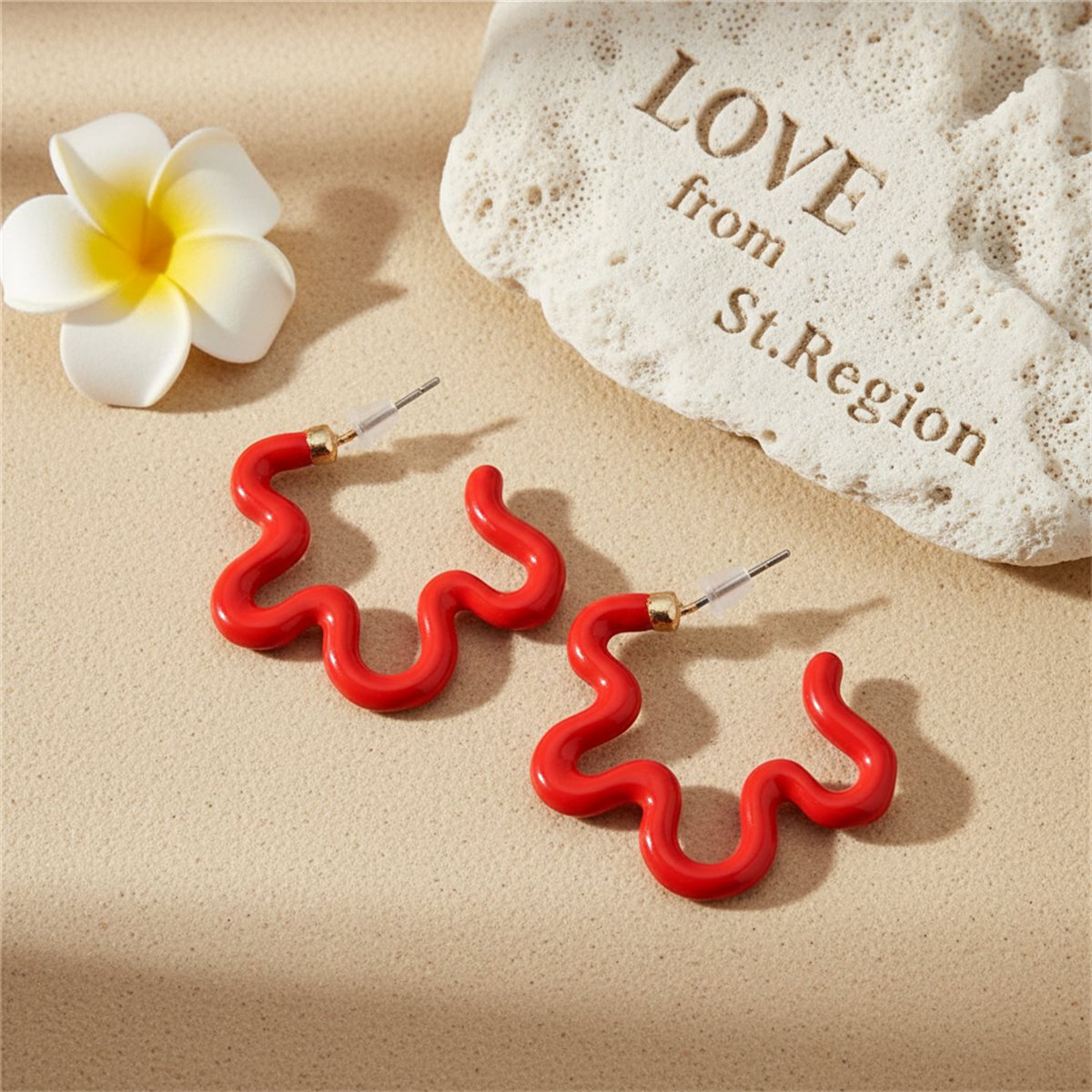 Red Enamel and 18K Gold-Plated Open Flower Stud Earrings, gold huggie earrings, everyday style, lifestyle look