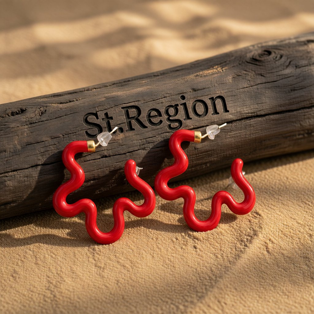 Red Enamel and 18K Gold-Plated Open Flower Stud Earrings, gold huggie earrings, everyday style, front view