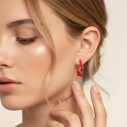Red Enamel and 18K Gold-Plated Open Flower Stud Earrings, gold huggie earrings, everyday style, styled look