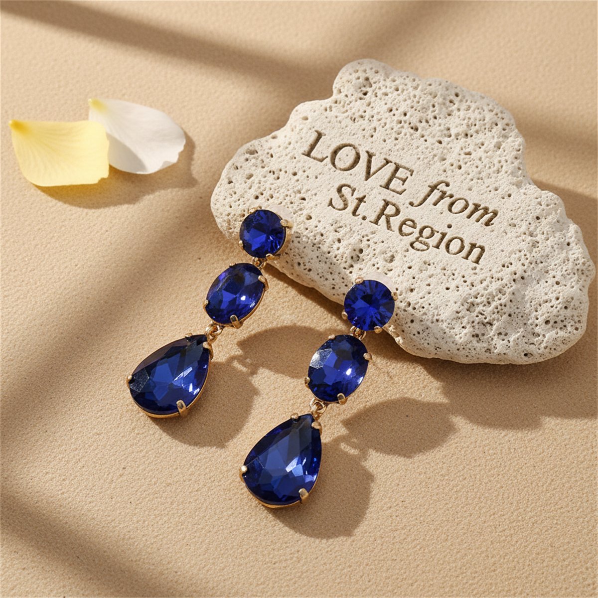 Blue Crystal and 18K Gold-Plated Teardrop Earring, gold drop earrings for women, vintage-inspired design, lifestyle look