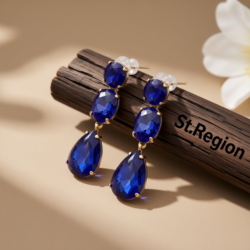 Blue Crystal and 18K Gold-Plated Teardrop Earring, gold drop earrings for women, vintage-inspired design, front view