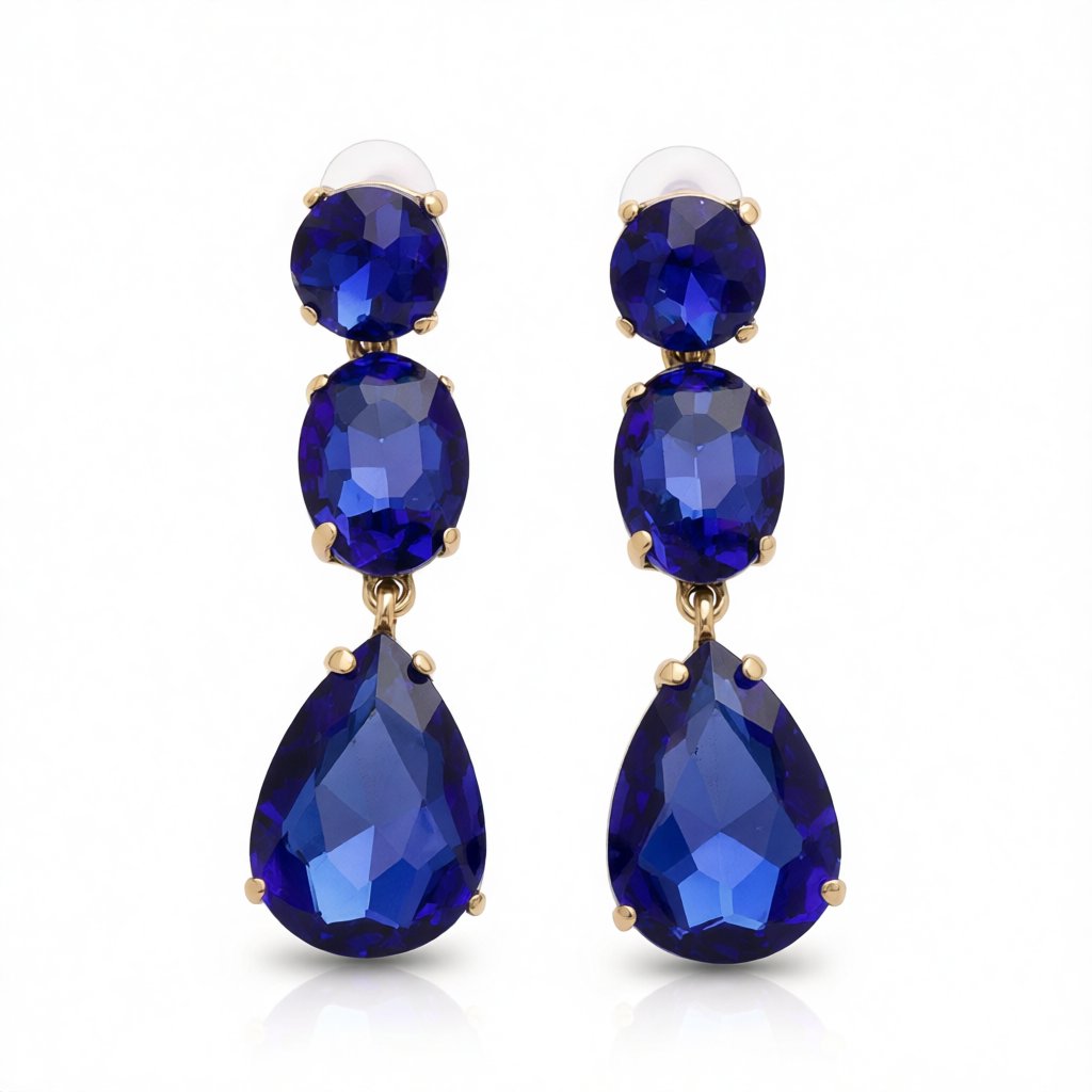 Blue Crystal and 18K Gold-Plated Teardrop Earring, gold drop earrings for women, vintage-inspired design, side view
