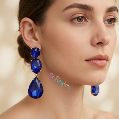 Blue Crystal and 18K Gold-Plated Teardrop Earring, gold drop earrings for women, vintage-inspired design, styled look