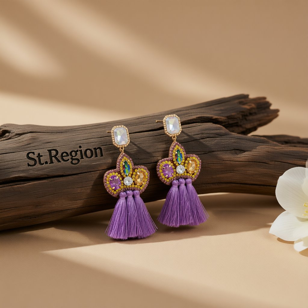 Purple Crystal and Cubic Zirconia Tassel Drop Earrings, drop earrings for women, everyday style, front view