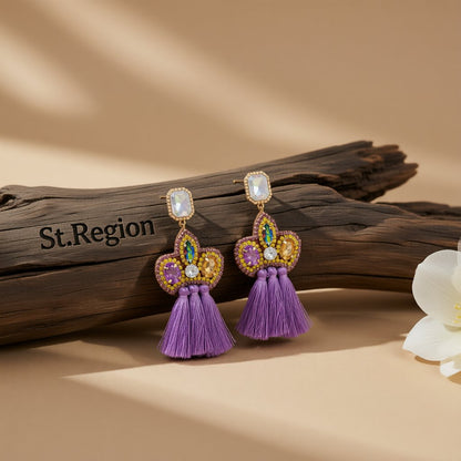 Purple Crystal and Cubic Zirconia Tassel Drop Earrings, drop earrings for women, everyday style, front view