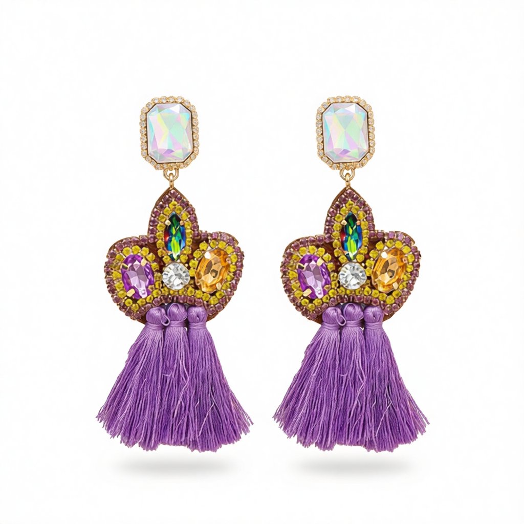 Purple Crystal and Cubic Zirconia Tassel Drop Earrings, drop earrings for women, everyday style, side view