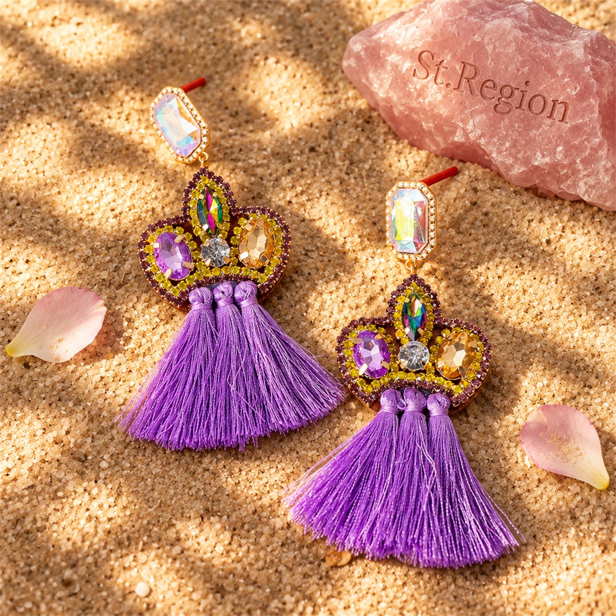 Purple Crystal and Cubic Zirconia Tassel Drop Earrings, drop earrings for women, everyday style, detail close-up