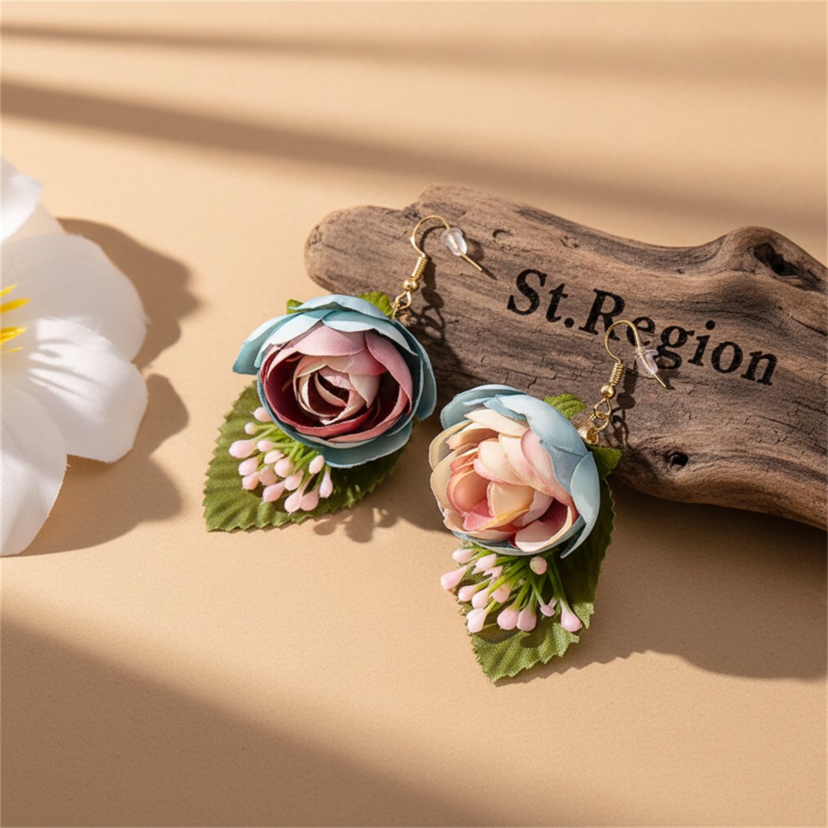 Blue Plastic and 18K Gold-Plated Flower Drop Earrings, gold drop earrings for women, dainty minimalist design, front view
