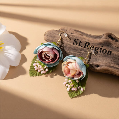 Blue Plastic and 18K Gold-Plated Flower Drop Earrings, gold drop earrings for women, dainty minimalist design, front view