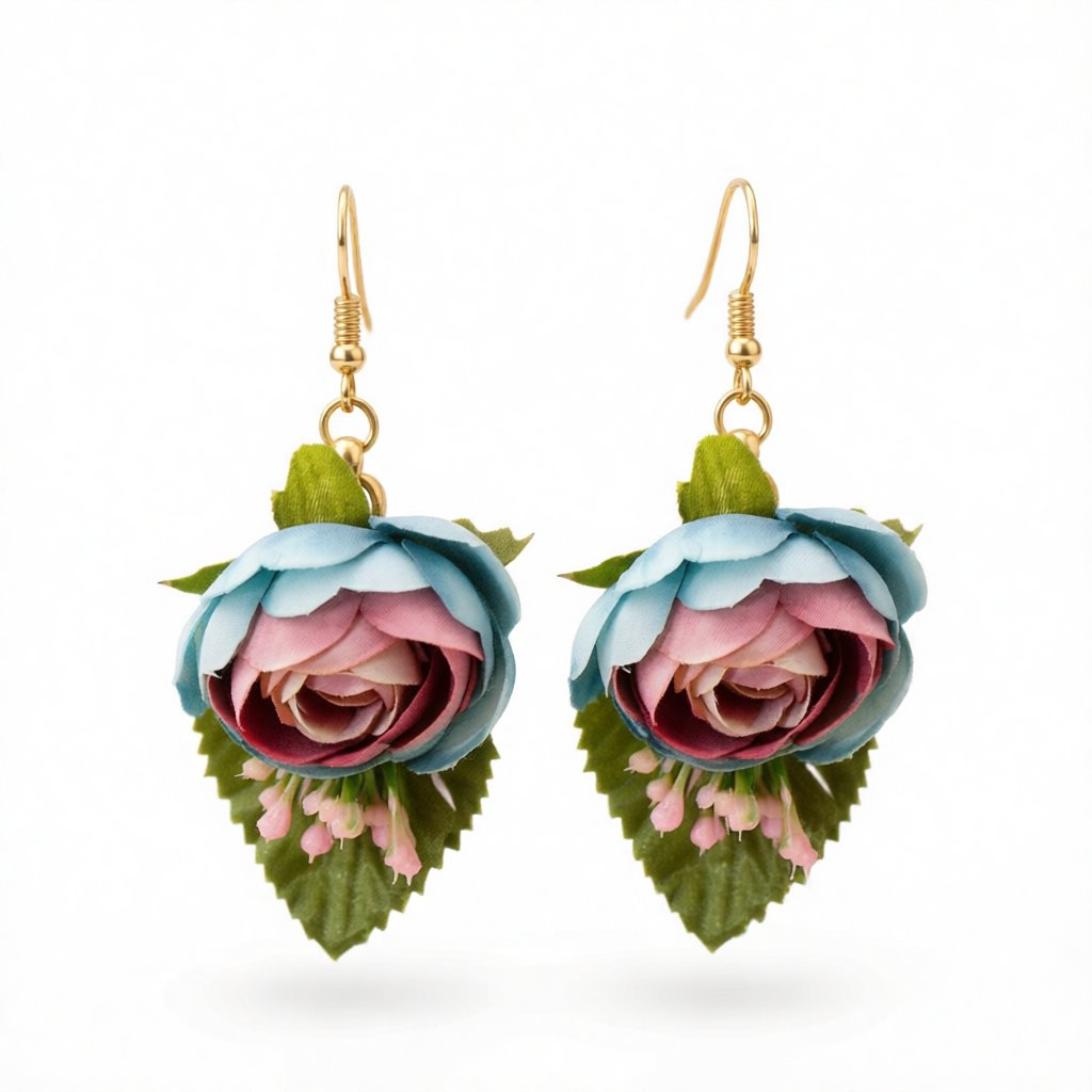 Blue Plastic and 18K Gold-Plated Flower Drop Earrings, gold drop earrings for women, dainty minimalist design, side view