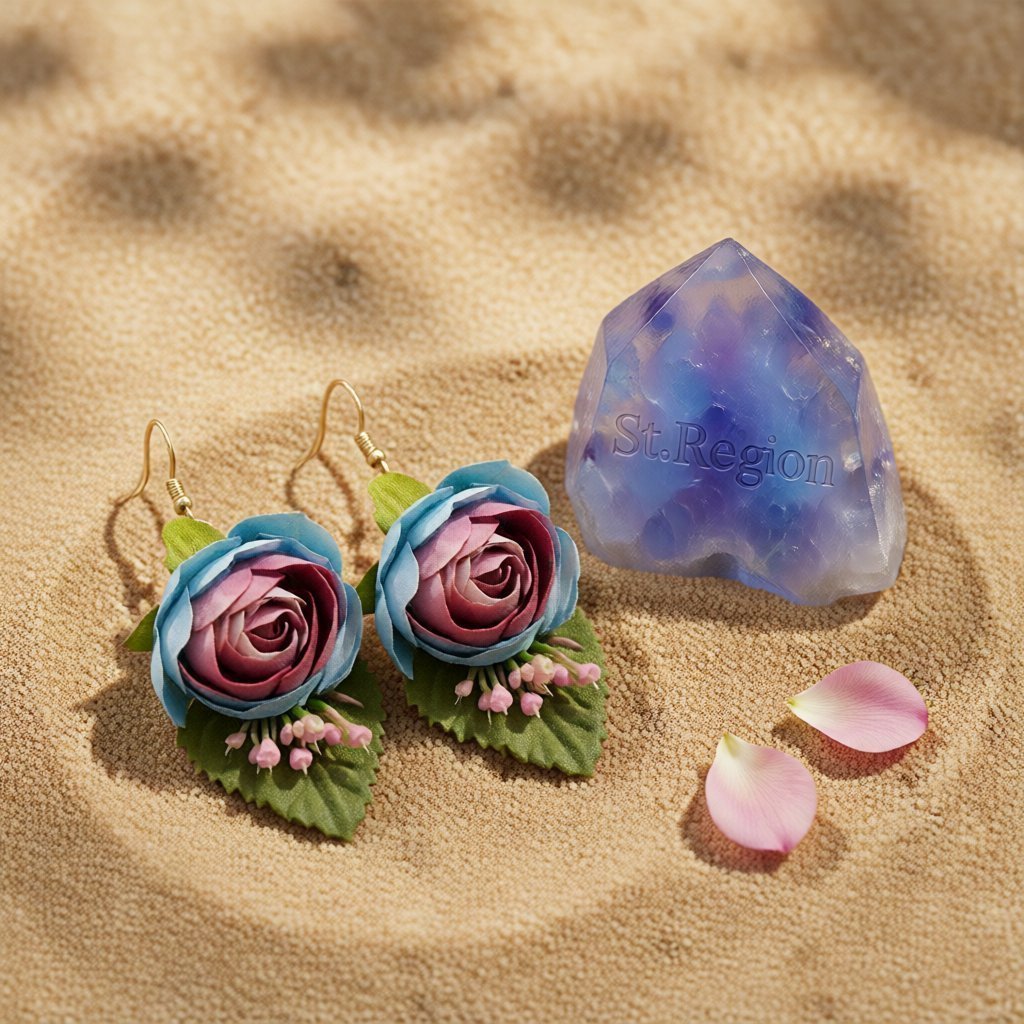 Blue Plastic and 18K Gold-Plated Flower Drop Earrings, gold drop earrings for women, detail close-up