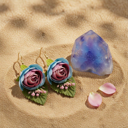 Blue Plastic and 18K Gold-Plated Flower Drop Earrings, gold drop earrings for women, detail close-up