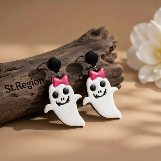 White Acrylic and Silver-Plated Bow Ghost Drop Earrings, silver drop earrings for women, vintage-inspired design, front view