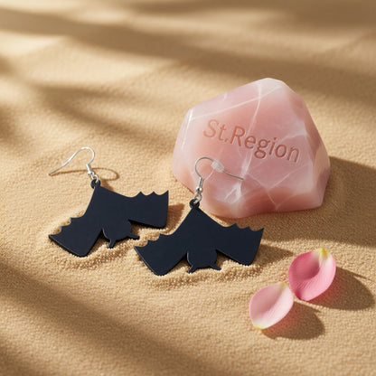 Black Acrylic and Silver-Plated Bat Drop Earrings, silver drop earrings for women, everyday style, detail close-up