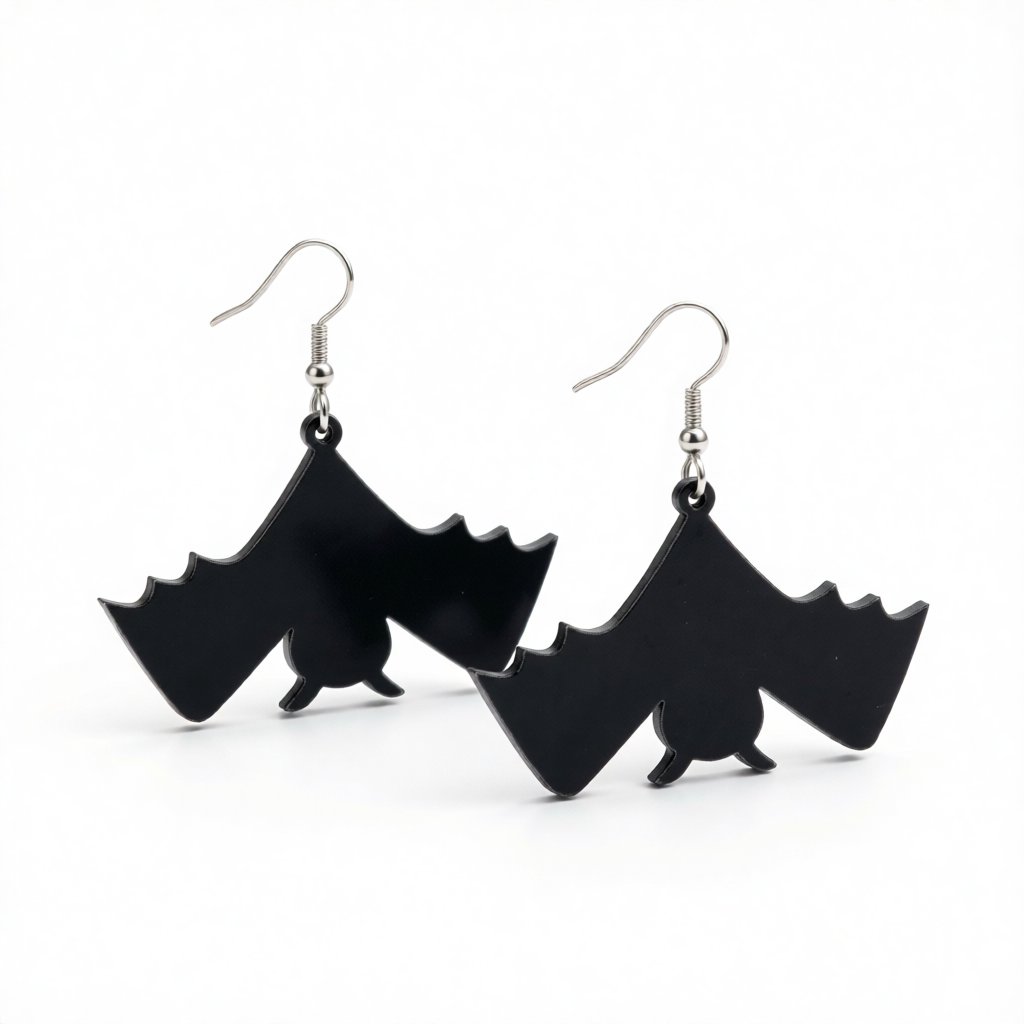 Black Acrylic and Silver-Plated Bat Drop Earrings, silver drop earrings for women, everyday style, side view