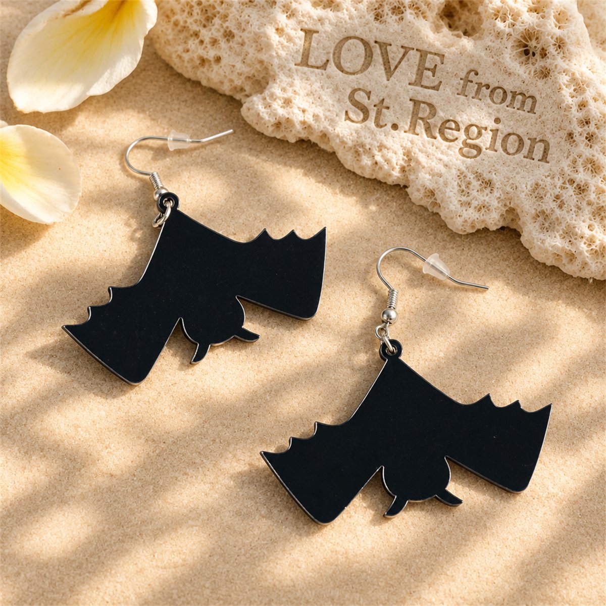 Black Acrylic and Silver-Plated Bat Drop Earrings, silver drop earrings for women, everyday style, lifestyle look