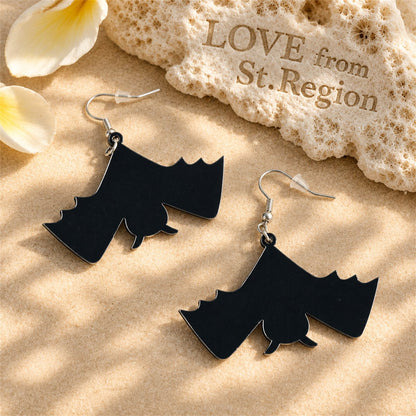 Black Acrylic and Silver-Plated Bat Drop Earrings, silver drop earrings for women, everyday style, lifestyle look