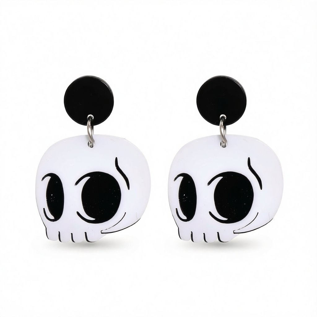 White Acrylic and Silver-Plated Skull Drop Earrings, silver drop earrings for women, vintage-inspired design, side view