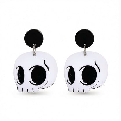 White Acrylic and Silver-Plated Skull Drop Earrings, silver drop earrings for women, vintage-inspired design, side view