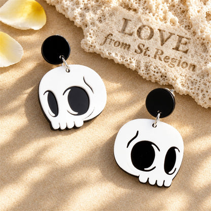 White Acrylic and Silver-Plated Skull Drop Earrings, silver drop earrings for women, vintage-inspired design, lifestyle look