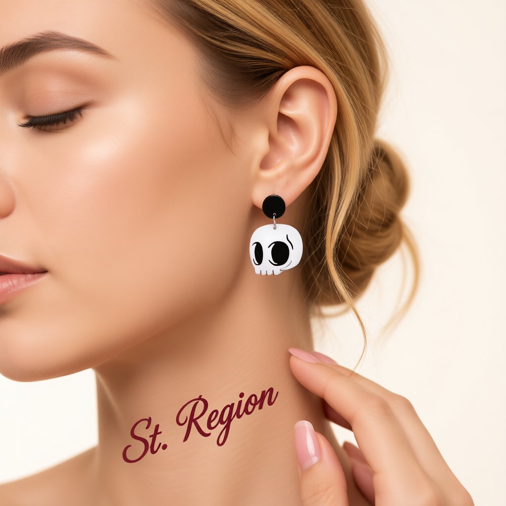 White Acrylic and Silver-Plated Skull Drop Earrings, silver drop earrings for women, vintage-inspired design, styled look
