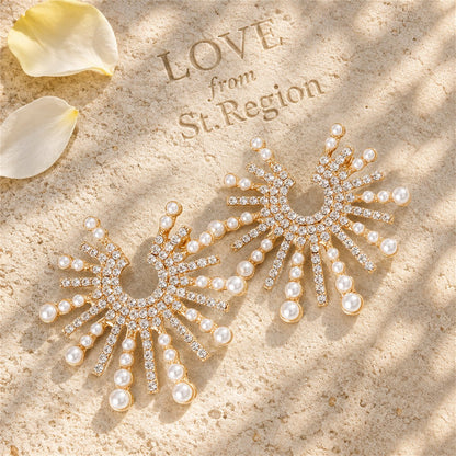Cubic Zirconia and Pearl 18K Gold-Plated Sun Stud Earrings, gold stud earrings for women, everyday style, lifestyle look
