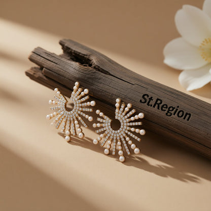 Cubic Zirconia and Pearl 18K Gold-Plated Sun Stud Earrings, gold stud earrings for women, everyday style, front view