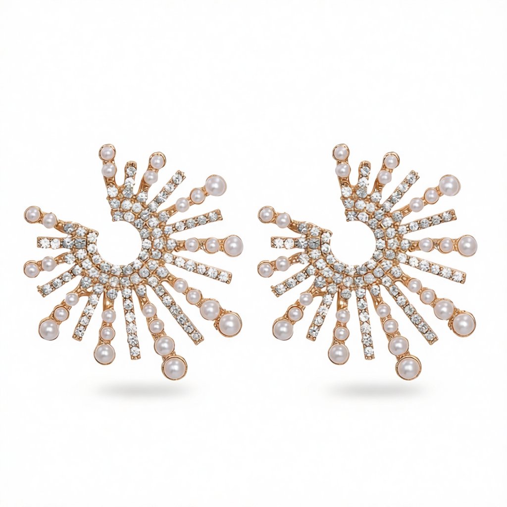 Cubic Zirconia and Pearl 18K Gold-Plated Sun Stud Earrings, gold stud earrings for women, everyday style, side view