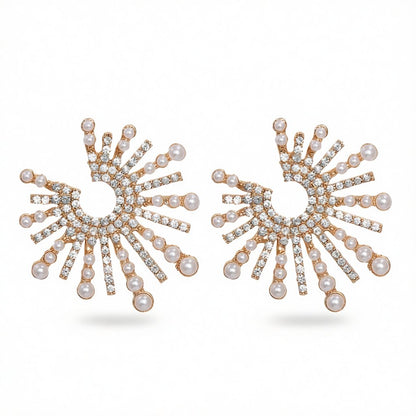 Cubic Zirconia and Pearl 18K Gold-Plated Sun Stud Earrings, gold stud earrings for women, everyday style, side view