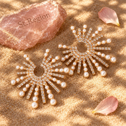 Cubic Zirconia and Pearl 18K Gold-Plated Sun Stud Earrings, gold stud earrings for women, everyday style, detail close-up