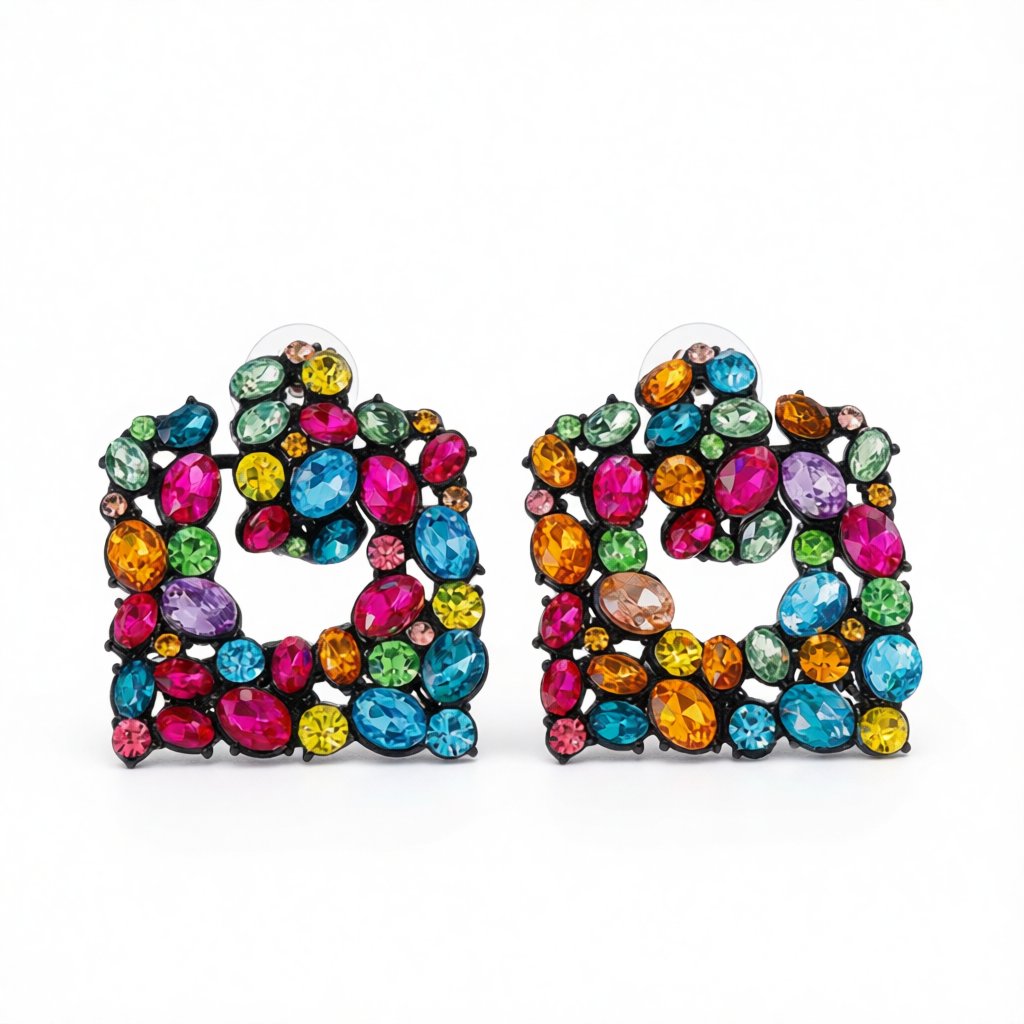 Pink Crystal and Cubic Zirconia Openwork Cluster Square Drop Earrings, drop earrings for women, side view